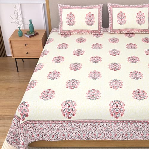 EasyGoods® 100% Pure Cotton Jaipuri Bedsheet with Pillow Covers | Soft & Breathable Fabric | Traditional Floral Print | Cotton Bedsheet (Pink 2, Single) - Image 1