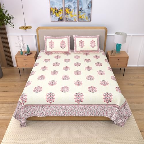 EasyGoods® 100% Pure Cotton Jaipuri Bedsheet with Pillow Covers | Soft & Breathable Fabric | Traditional Floral Print | Cotton Bedsheet (Pink 2, Single) - Image 2