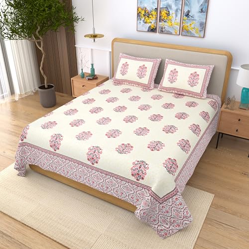 EasyGoods® 100% Pure Cotton Jaipuri Bedsheet with Pillow Covers | Soft & Breathable Fabric | Traditional Floral Print | Cotton Bedsheet (Pink 2, Single) - Image 3