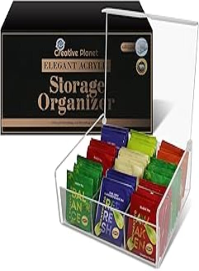 Creative Planet Acrylic Tea Bags Organizer Box - Clear Storage Box with Lid - Ideal for Tea Bags, Packets, Condiments, Crafts - 9 Compartments