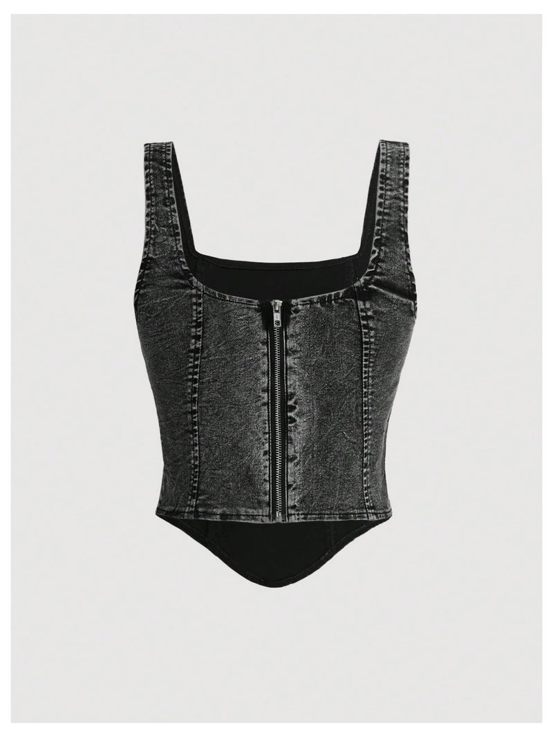 WDIRARA Women's Denim Corset Tank Top Asymmetrical Hem Crop Tops Sleeveless Zip Up Back Tanks Black Large - Image 3