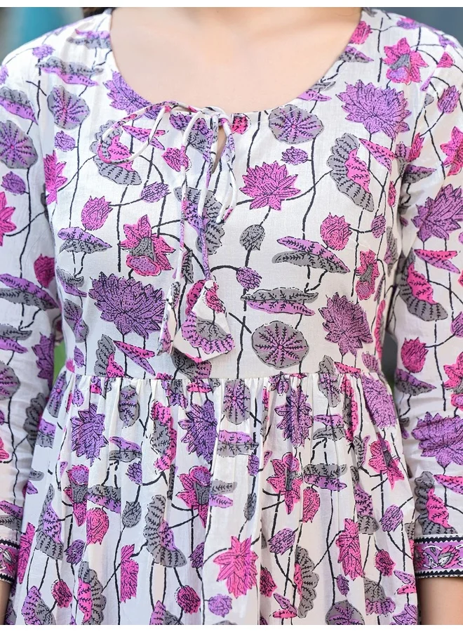 AKS AKS Floral Printed Pleated Pure Cotton A-Line Kurta With Trousers