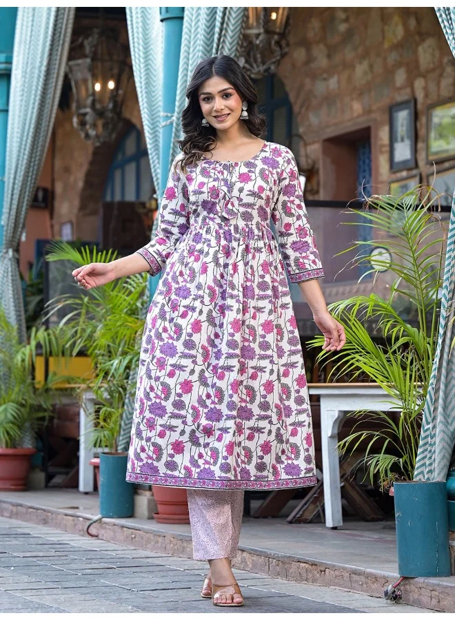 AKS AKS Floral Printed Pleated Pure Cotton A-Line Kurta With Trousers