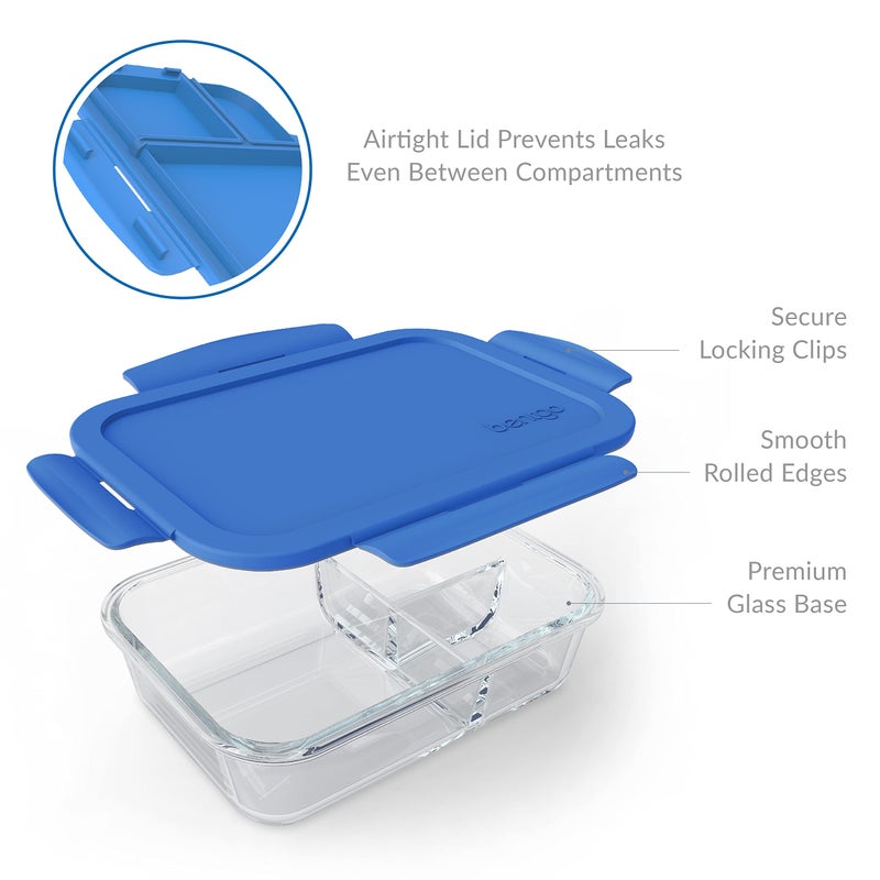 Bentgo Glass Lunch Box - Leak-Proof Bento-Style Food Container with Airtight Lid and Divided 3-Compartment Design - 5 Cup Capacity for Meal Prepping, and Portion-Controlled Meals for Adults (Blue) - Image 4