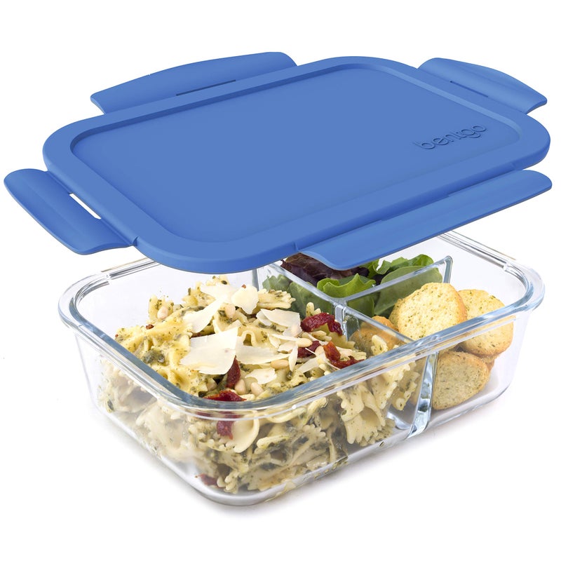 Bentgo Glass Lunch Box - Leak-Proof Bento-Style Food Container with Airtight Lid and Divided 3-Compartment Design - 5 Cup Capacity for Meal Prepping, and Portion-Controlled Meals for Adults (Blue) - Image 1