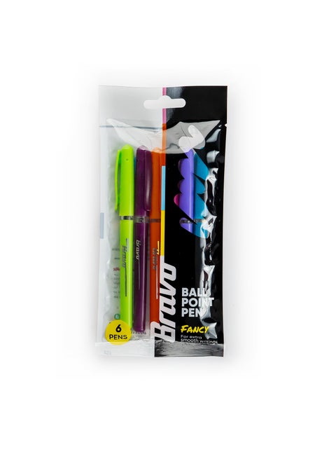 Bravo Ballpoint Pens Fancy Different Color Pack of 6 pens