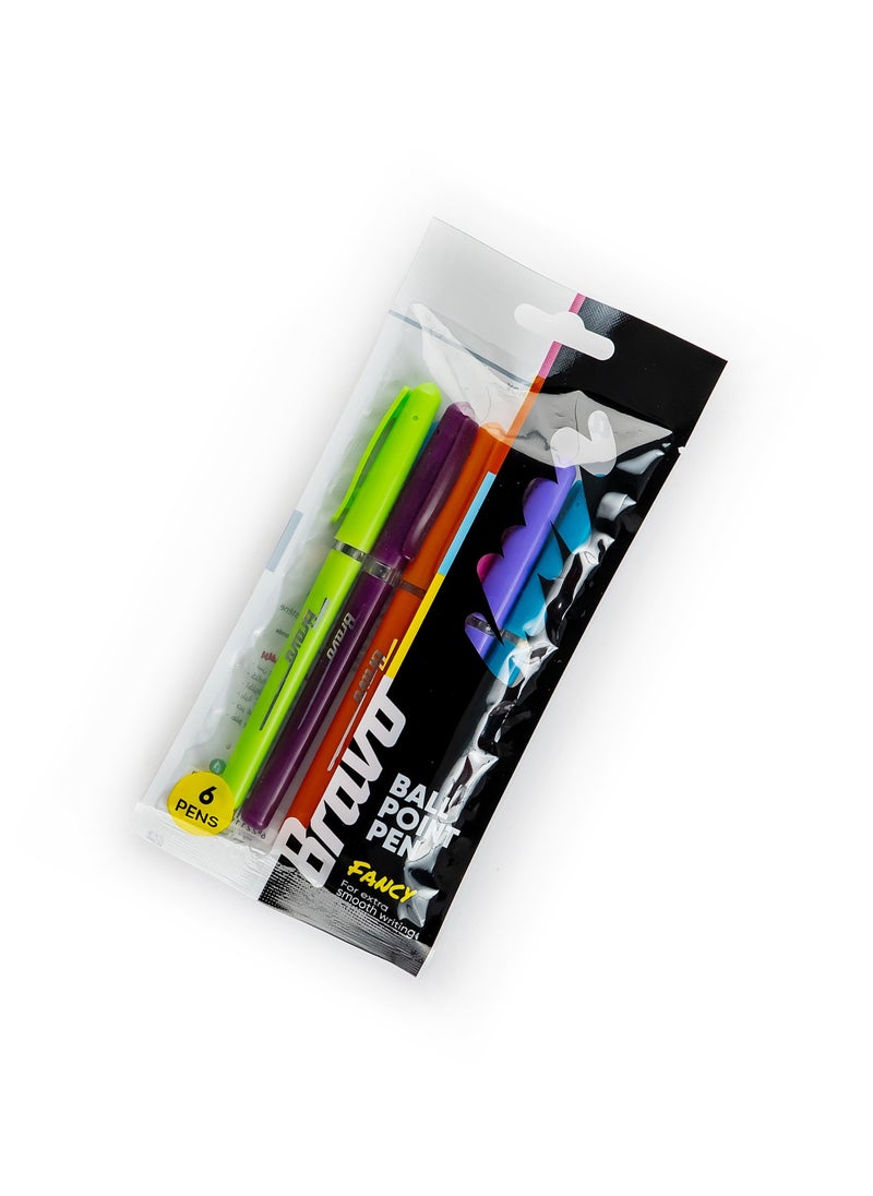 Bravo Ballpoint Pens Fancy Different Color Pack of 6 pens