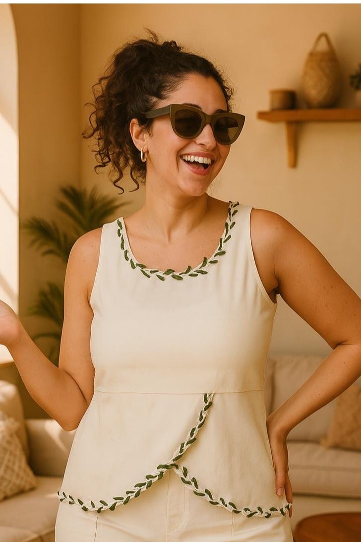 Mr.joe Mr Joe Elegant Cream Sleeveless Top with Green Leaf Embroidery 2725 