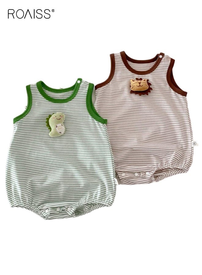 رويس طقم رومبيرات مخططة للأولاد الرضع، جمبسوت أطفال برقبة دائرية بلا أكمام برقبة دائرية مع إغلاق بمزلاج، بدلة مريحة من قطعة واحدة للصغار، سترة صيفية رائعة لحديثي الولادة - Image 1