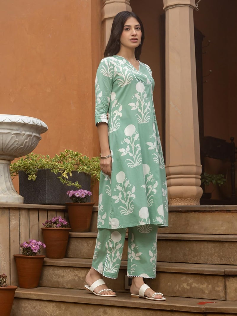 FIORRA Women's Pista Green Cotton Flared Kurta Set SET0181 - Image 3