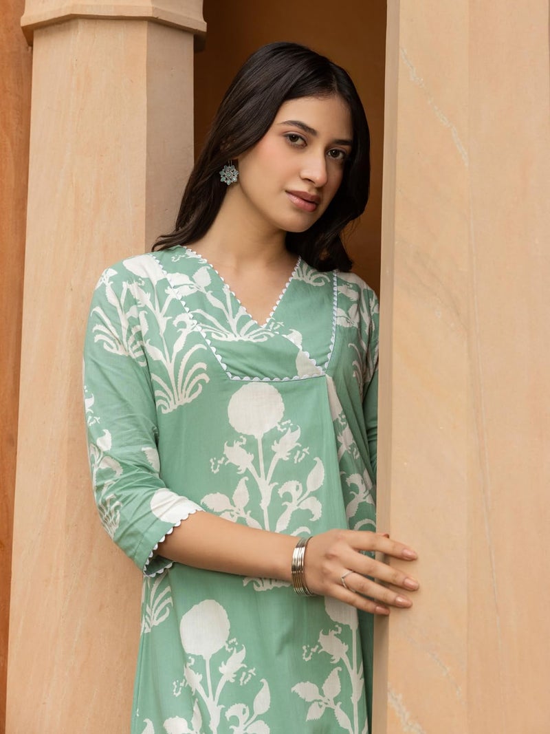 FIORRA Women's Pista Green Cotton Flared Kurta Set SET0181 - Image 4