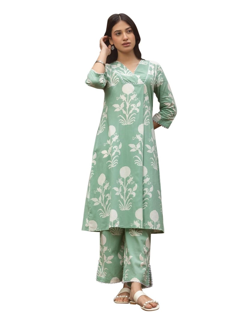 FIORRA Women's Pista Green Cotton Flared Kurta Set SET0181 - Image 1