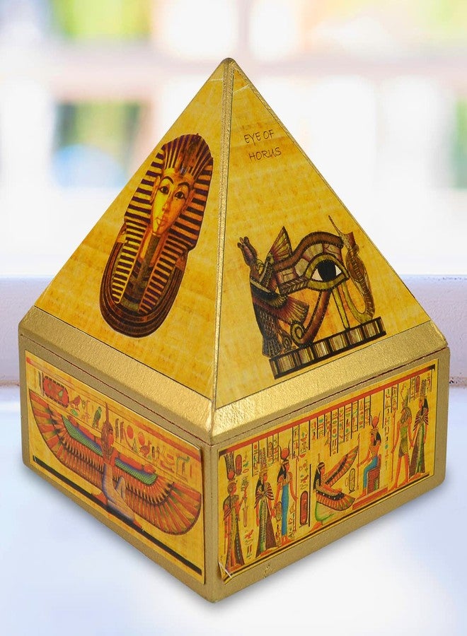 Crystu صندوق أمنيات هرمي خشبي من كريستو، مزين برمز مصري وشبكة كريستالية، مقاس 10.1 سم (4 بوصات)، مناسب لعلاج الأمنيات بتقنية الريكي والعلاج بالكريستال. - Image 1