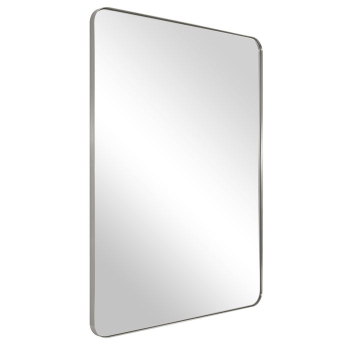 BRUSHED NICKEL MIRROR FOR BATHROOM 22X30 SILVER METAL FRAME WALL MIRROR RECTANGULAR STAINLESS STEEL ROUNDED CORNER MIRROR WITH 1 DEEP SET DESIGN HANGS HORIZONTAL OR VERTICAL