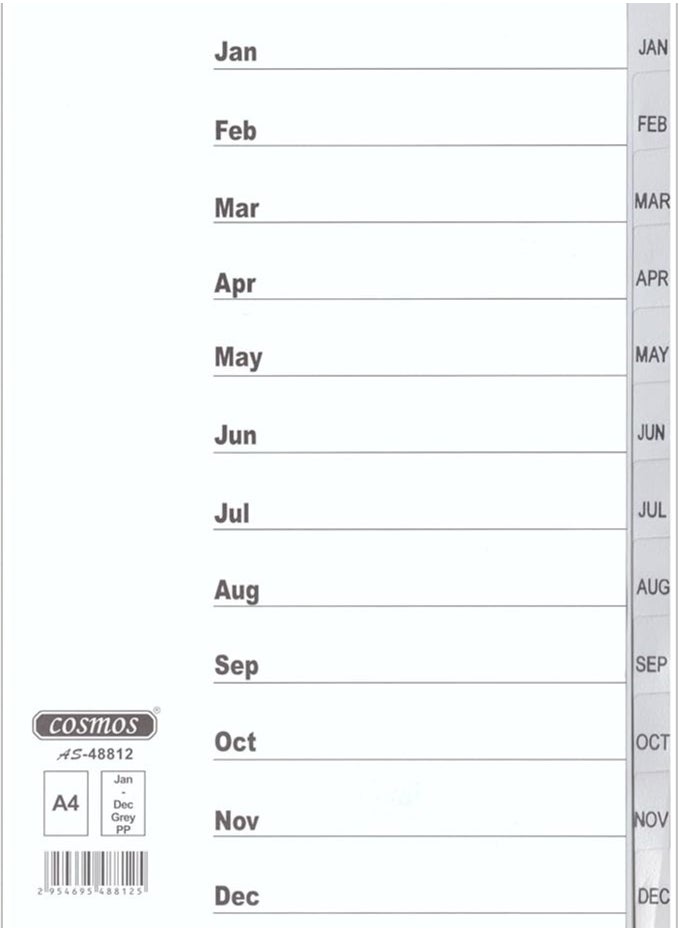 COSMOS - COSMOS PVC INDEX DIVIDERS JAN-DEC GRAY COLOUR TABS 1X20PCS - Image 1