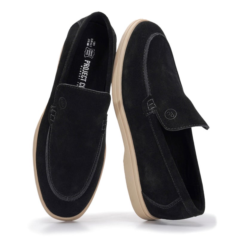 Project Cloud Mens Shoes 100% Genuine Leather Memory Foam Insole Loafers Slip On Shoes for Men - Venetian Men Casual Shoes Loafers for Men (Mark, BLKSDE, 10.5) Black Suede