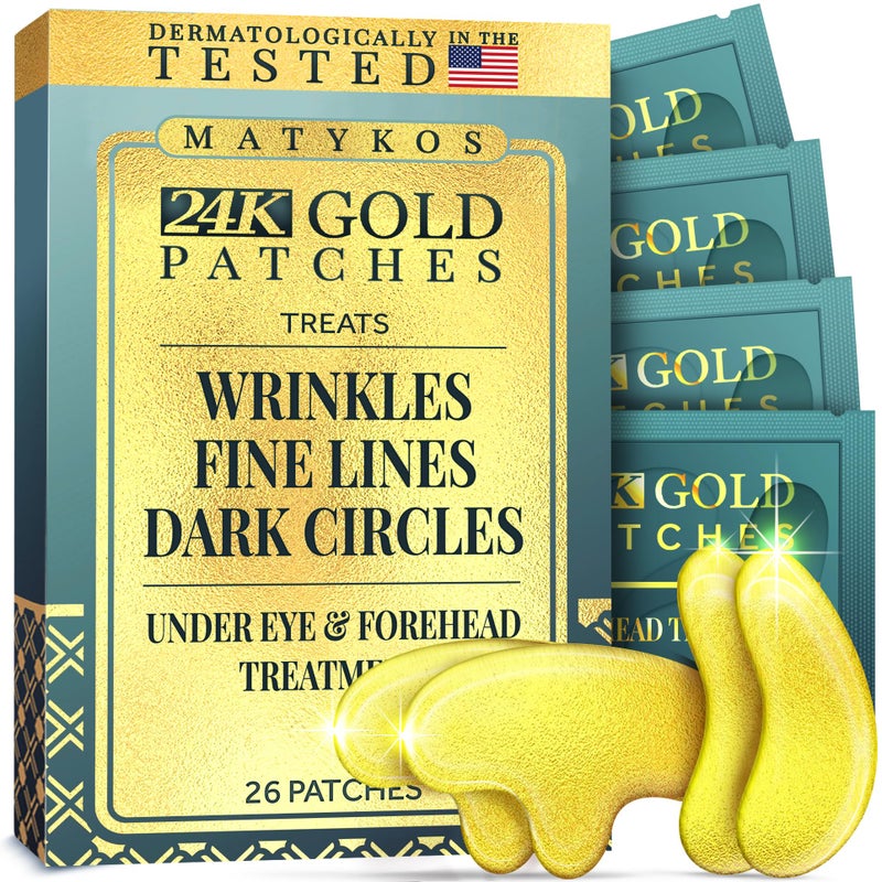 Matykos Forehead and Under Eye Wrinkle Patches for Face - Collagen, Hyaluronic Acid and Vitamin A Skin Pads - Forehead Line Remover Wrinkle Eye Patch Set - 26 Golden Sachets - Image 1
