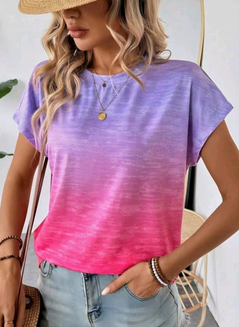 Shein Luneh Gradient Printed Women Round Neck Short Sleeve T-Shirt - Image 1