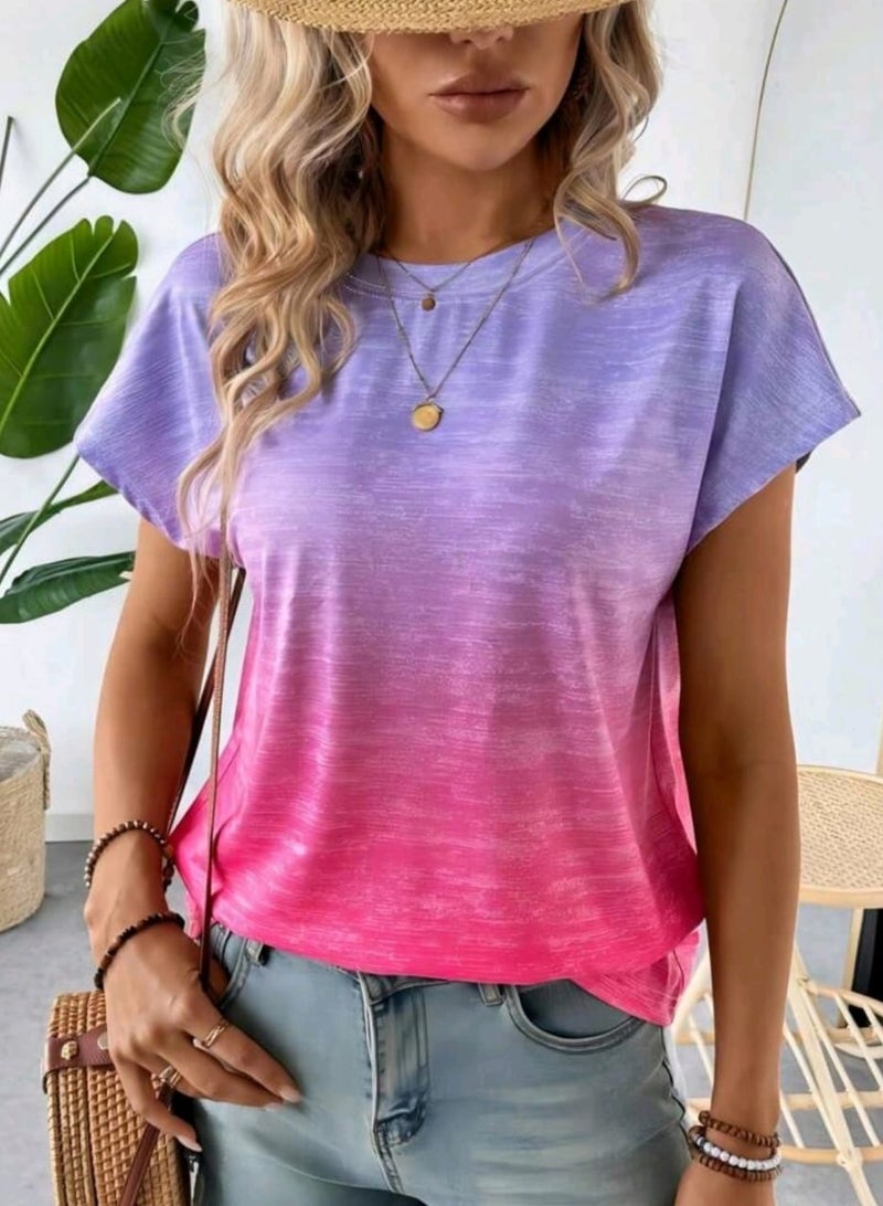 Shein Luneh Gradient Printed Women Round Neck Short Sleeve T-Shirt - Image 2