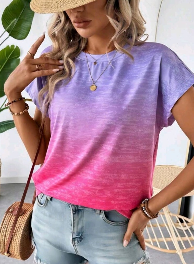 Shein Luneh Gradient Printed Women Round Neck Short Sleeve T-Shirt - Image 3