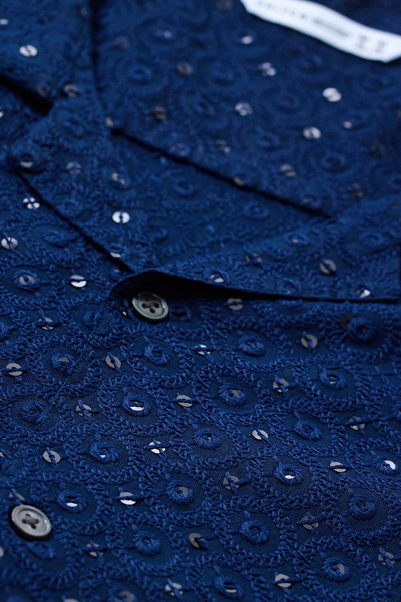 سنيتش Navy Embroidered Half Sleeve Boxy Shirt