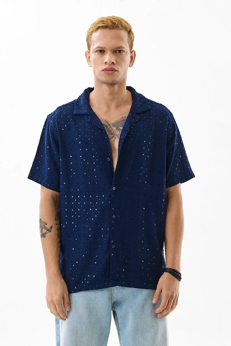 سنيتش Navy Embroidered Half Sleeve Boxy Shirt