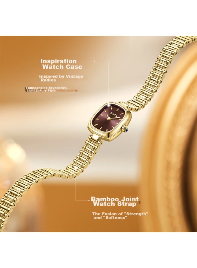 FIYTA سلسلة ساحرة "ساعة الذهب الصغيرة" بقرص بني داكن وسلسلة من الخيزران ساعة عتيقة للنساء، صندوق هدية لصديقة - Image 3