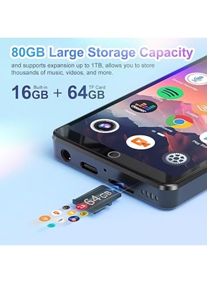 مشغل MP3 80GB مع بلوتوث وواي فاي، مشغل MP4 بشاشة لمس 4.02 بوصة مع كاميرا، مشغل MP3 اندرويد مع سبوتيفاي وديزر ومسموع ومشغل موسيقى مع مكبر صوت وراديو اف ام، يدعم حتى 1TB - Image 3