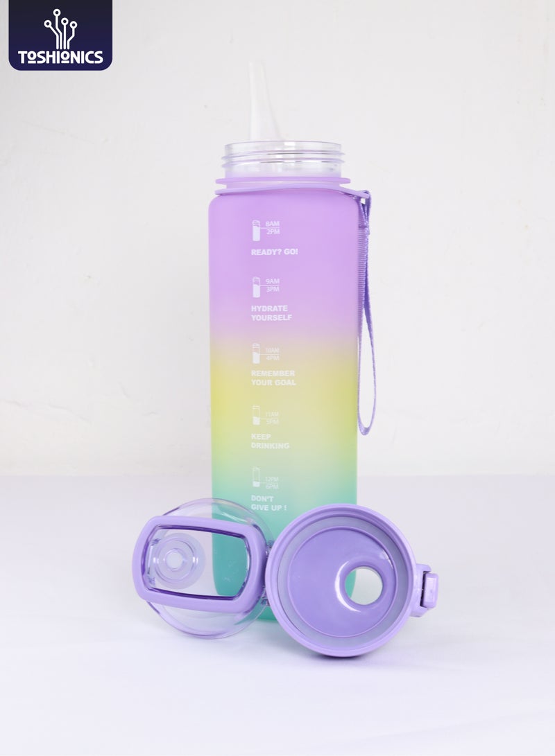 توشيونيكس زجاجة مياه رياضية تحفيزية سعة 1000 مل مع علامات زمنية، وغطاء يعمل بلمسة واحدة، وفوهة قلابة، وماصة مدمجة، وتصميم حزام حمل مزدوج وملصقات مجانية لطيفة - خالية من مادة BPA، وغطاء مانع للتسرب، وصديقة للبيئة، مصنوعة من البلاستيك، وقابلة لإعادة الاستخدام، وزجاجة مياه تذكيرية للشرب للبالغين والأطفال في المدرسة والمكتب والترطيب اليومي والصالة الرياضية واللياقة البدنية والأنشطة الخارجية والرياضة والسفر، زجاجة سعة 32 أونصةزجاجة مياه رياضية تحفيزية سعة 1000 مل مع علامات زمنية، وغطاء يعمل بلمسة واحدة، وفوهة قلابة، وماصة مدمجة، وتصميم حزام حمل مزدوج وملصقات مجانية لطيفة - خالية من مادة BPA، وغطاء مانع للتسرب، وصديقة للبيئة، مصنوعة من البلاستيك، وقابلة لإعادة الاستخدام، وزجاجة مياه تذكيرية للشرب للبالغين والأطفال في المدرسة والمكتب والترطيب اليومي والصالة الرياضية واللياقة البدنية والأنشطة الخارجية والرياضة والسفر، زجاجة سعة 32 أونصة - Image 1