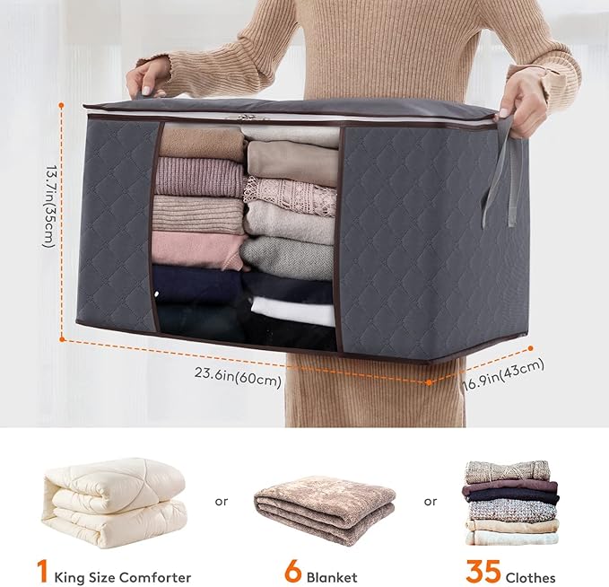 Large Capacity 3 Pack 90L Clothes Storage Bag Organizer with Reinforced Handle Thick Fabric for Comforters,Blankets,Bedding,Foldable with Sturdy Zipper,Bins Bags Clear Window