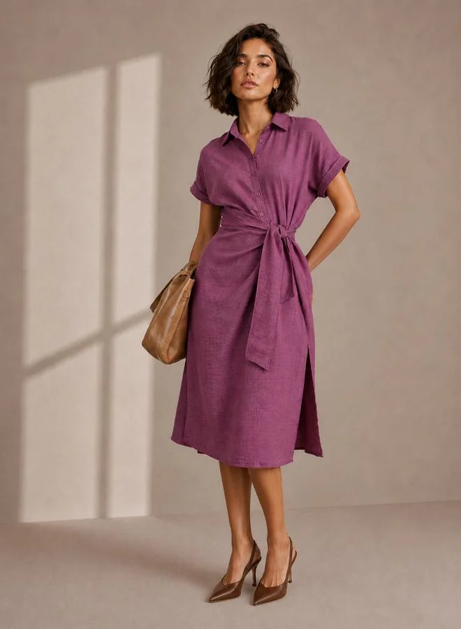 ستايلي Pink Sloid Tie-Up Detail Short Cap Sleeves Shirt Midi Dress