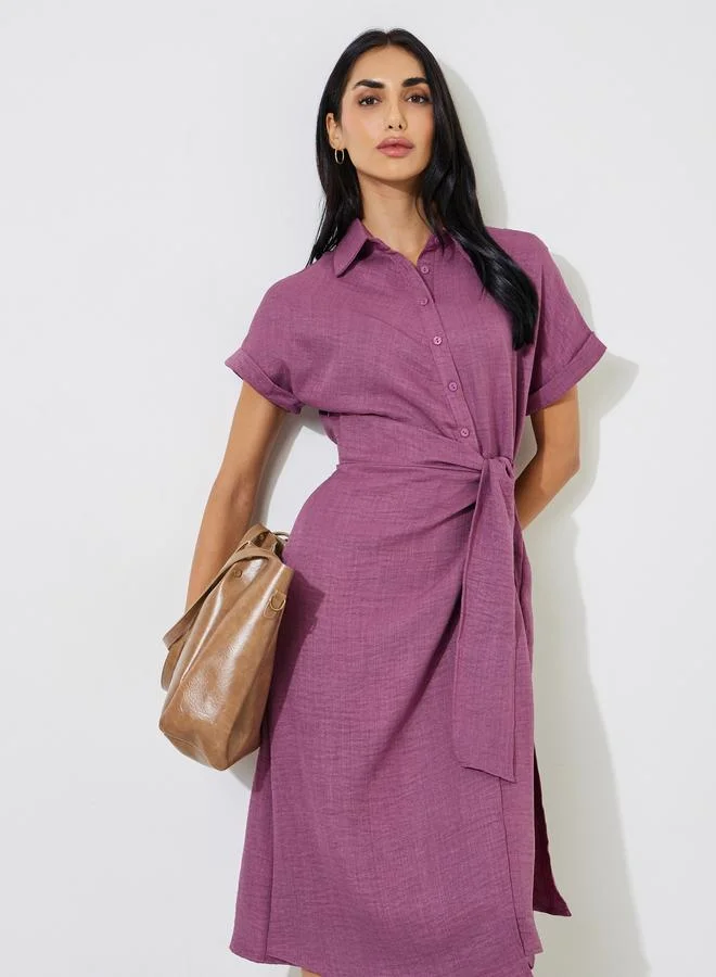 ستايلي Pink Sloid Tie-Up Detail Short Cap Sleeves Shirt Midi Dress