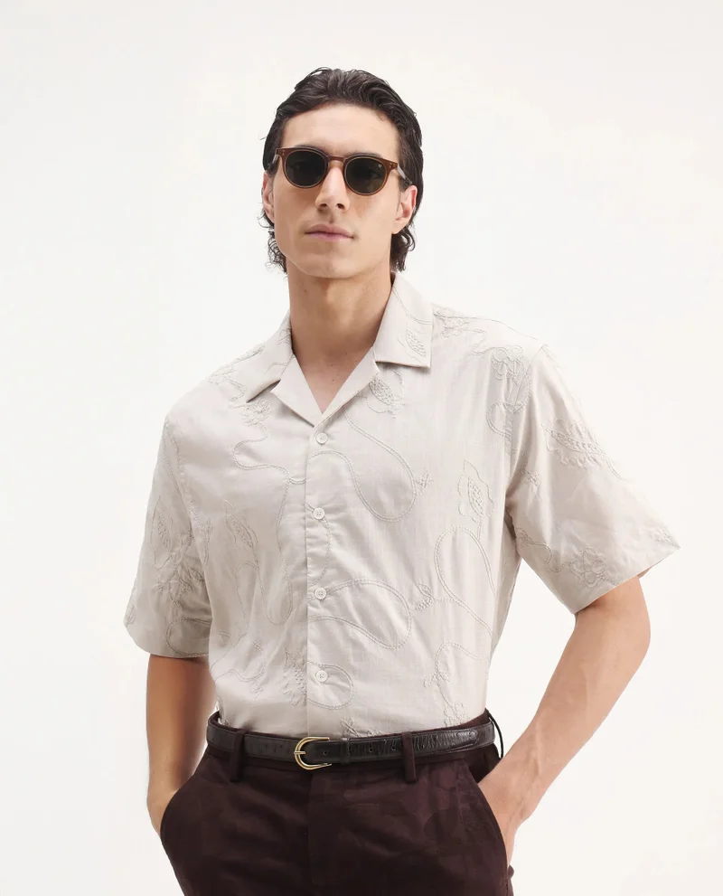 Rare Rabbit Rare Rabbit Men's Embi Beige Cotton Fabric Short Sleeve Cuban Collared Button Closure Embroidered Shirt