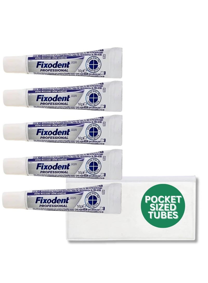 Fixodent Fixodent Dental Adhesive Cream 10g Pocket Sized Travel Sized Tubes, TSA-Approved Travel Sized Denture Adhesive w/ 1 Travel Zipper Pouch (Pack of 5 Tubes)  - Image 1