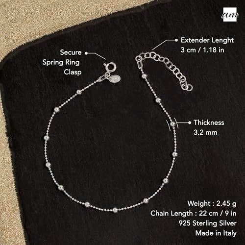 Amberta Italian Sterling Silver Anklet for Women 925 | Adjustable Ankle Bracelets for Women Beaded Heart Summer Jewelry: Beaded - Image 5
