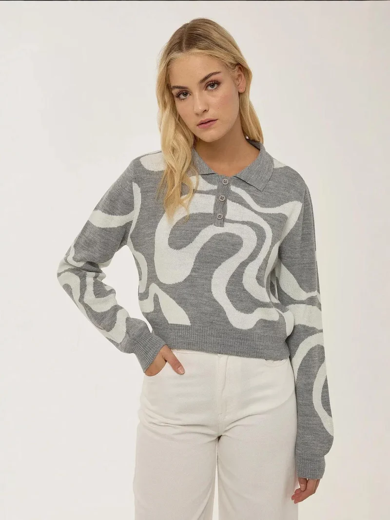HICCUP Polo Collar Jacquard Knit Sweater