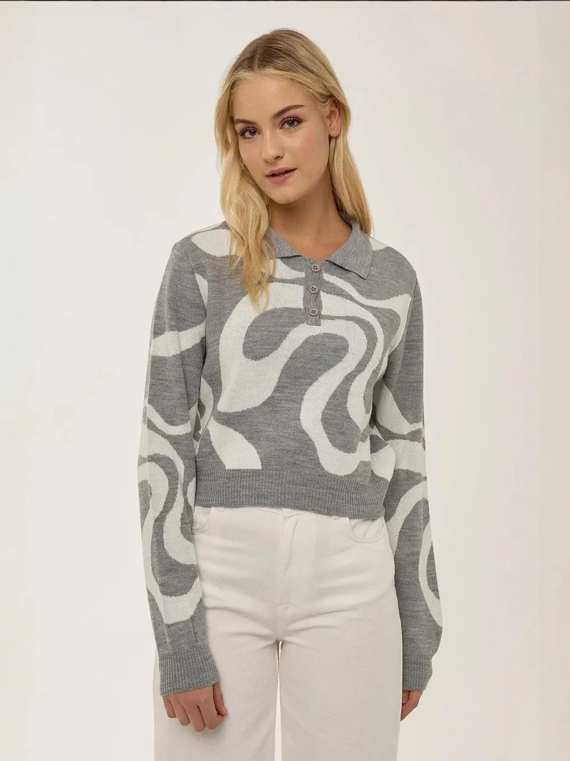 HICCUP Polo Collar Jacquard Knit Sweater