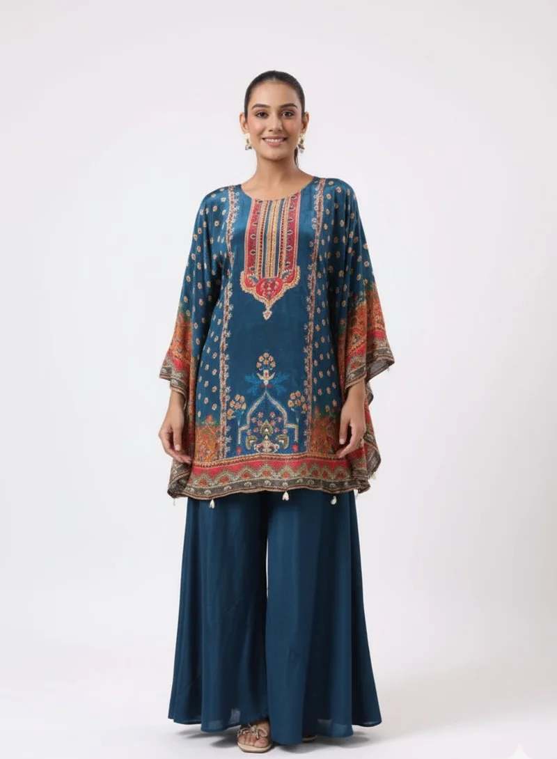 Lehar Teal Printed Kaftan Top with Palazzo Pants