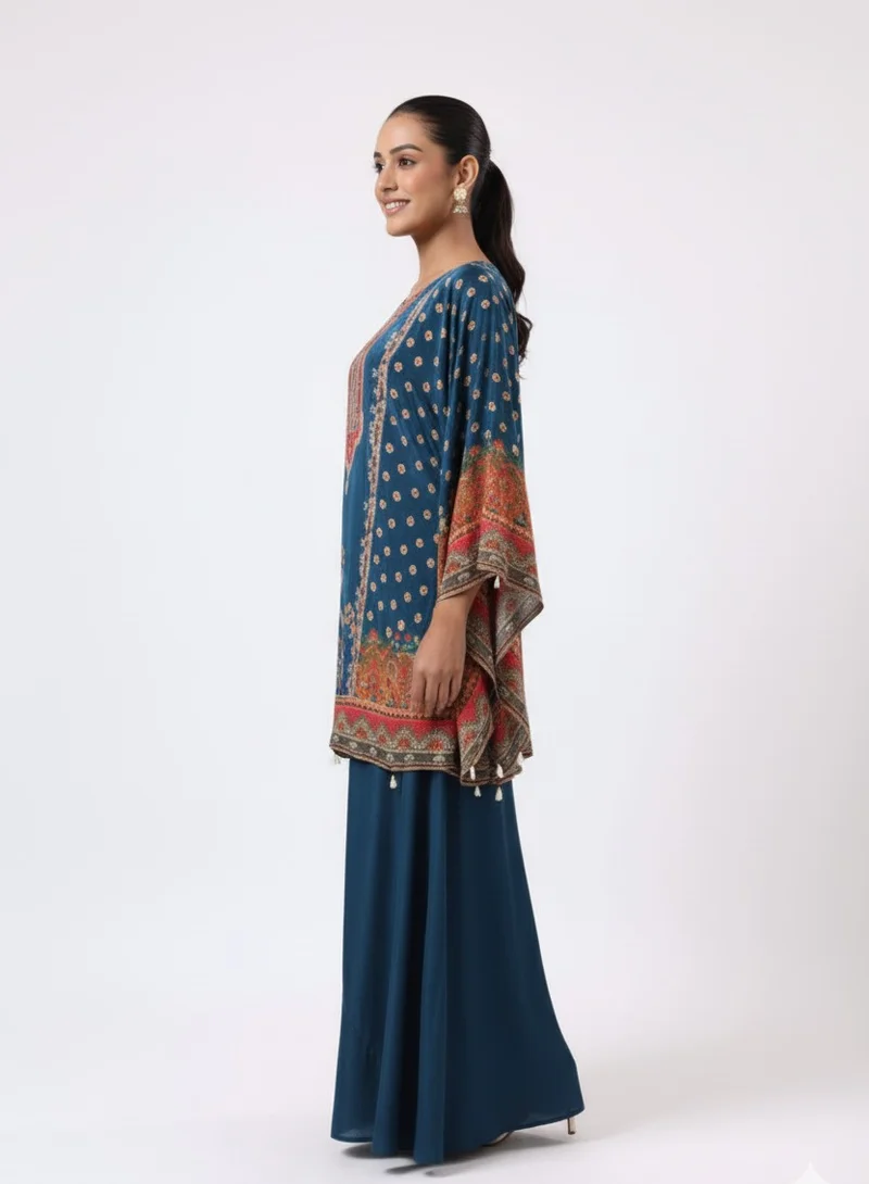 Lehar Teal Printed Kaftan Top with Palazzo Pants