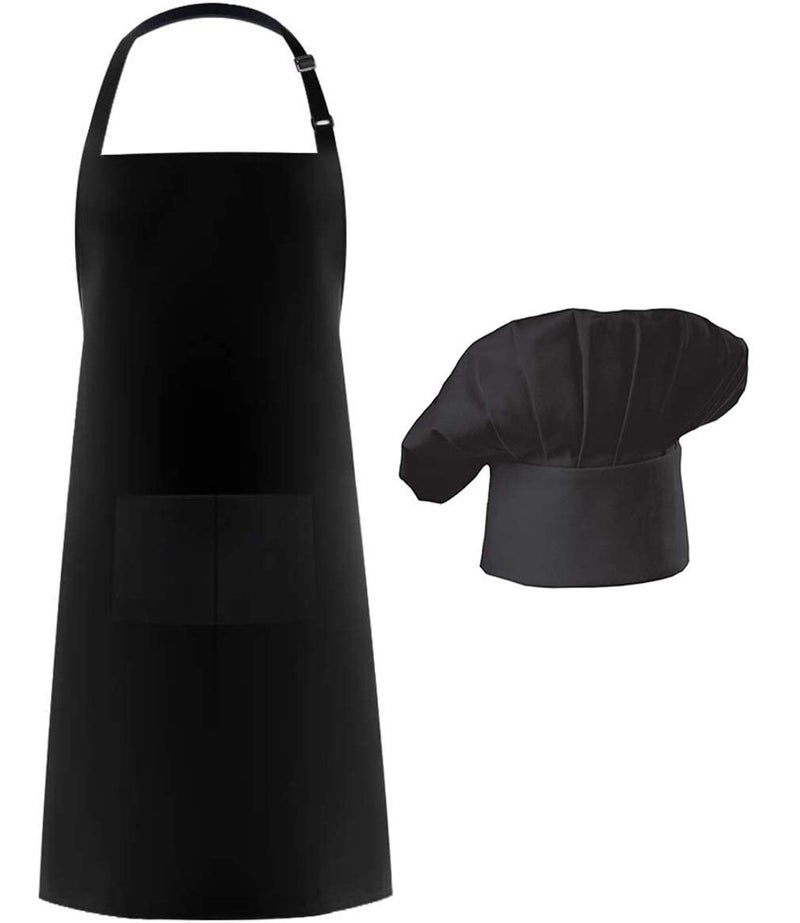 Hyzrz Hyzrz Chef Apron Hat Set  Chef Hat and Kitchen Apron Adult Adjustable Apron with Butcher Hat Baker Costume Kitchen Pocket Apron for Men and Women Father 's Gift (Black)  - Image 1