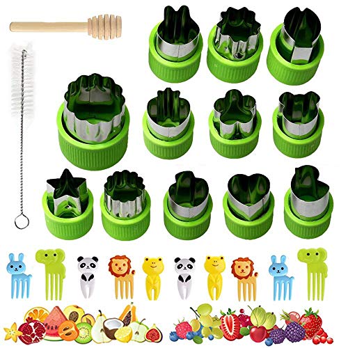 Vegetable Cutters for Kids Set 12 Pcs Stainless Steel Fruit Shape Cutter Sandwich Cutters for Kids Cookie Cutters MoldFood Picks for Kids with 10 Fruit Animal Picks Brush and Wood Stick