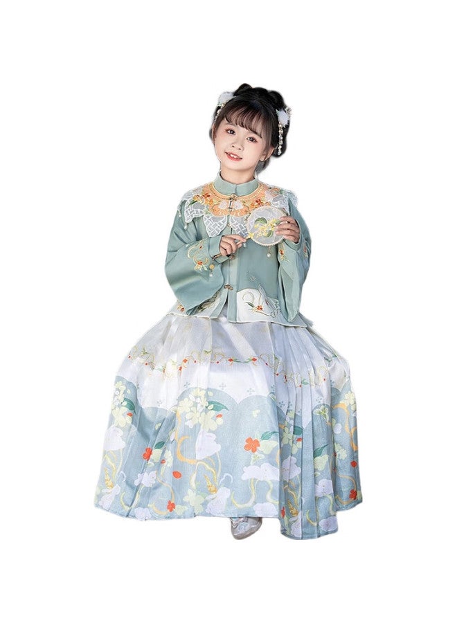 ROMON Girls' Hanfu, New Chinese-Style Ancient Costume, Autumn Style, National Style Horse-Face Skirt Performance Costume, Hanfu Douchou Green Three-Piece Set, Size 110 - Image 3