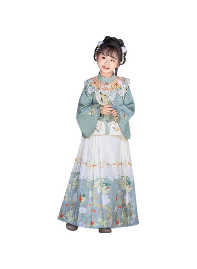 ROMON Girls' Hanfu, New Chinese-Style Ancient Costume, Autumn Style, National Style Horse-Face Skirt Performance Costume, Hanfu Douchou Green Three-Piece Set, Size 110 - Image 1