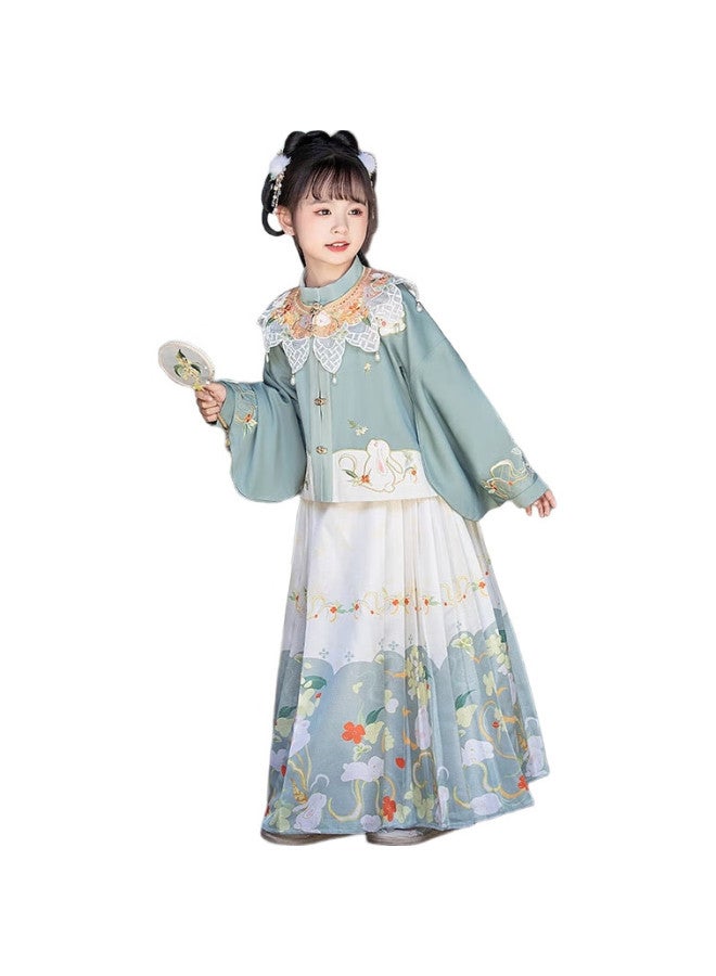 ROMON Girls' Hanfu, New Chinese-Style Ancient Costume, Autumn Style, National Style Horse-Face Skirt Performance Costume, Hanfu Douchou Green Three-Piece Set, Size 110 - Image 2
