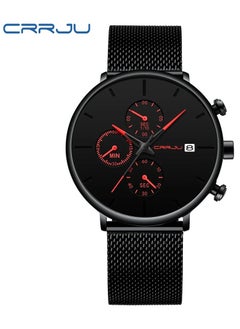 CRRJU Men’s Chronograph Mesh Watch – Ultra-Sleek Black Dial with Red Accents, Waterproof, Date, Quartz Movement