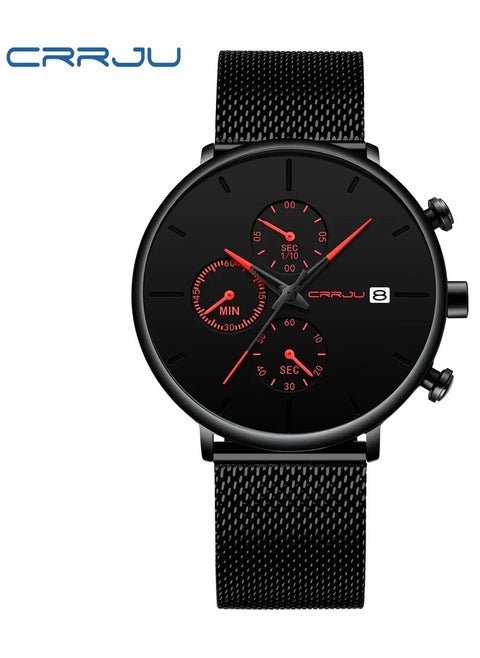 CRRJU Men’s Chronograph Mesh Watch – Ultra-Sleek Black Dial with Red Accents, Waterproof, Date, Quartz Movement