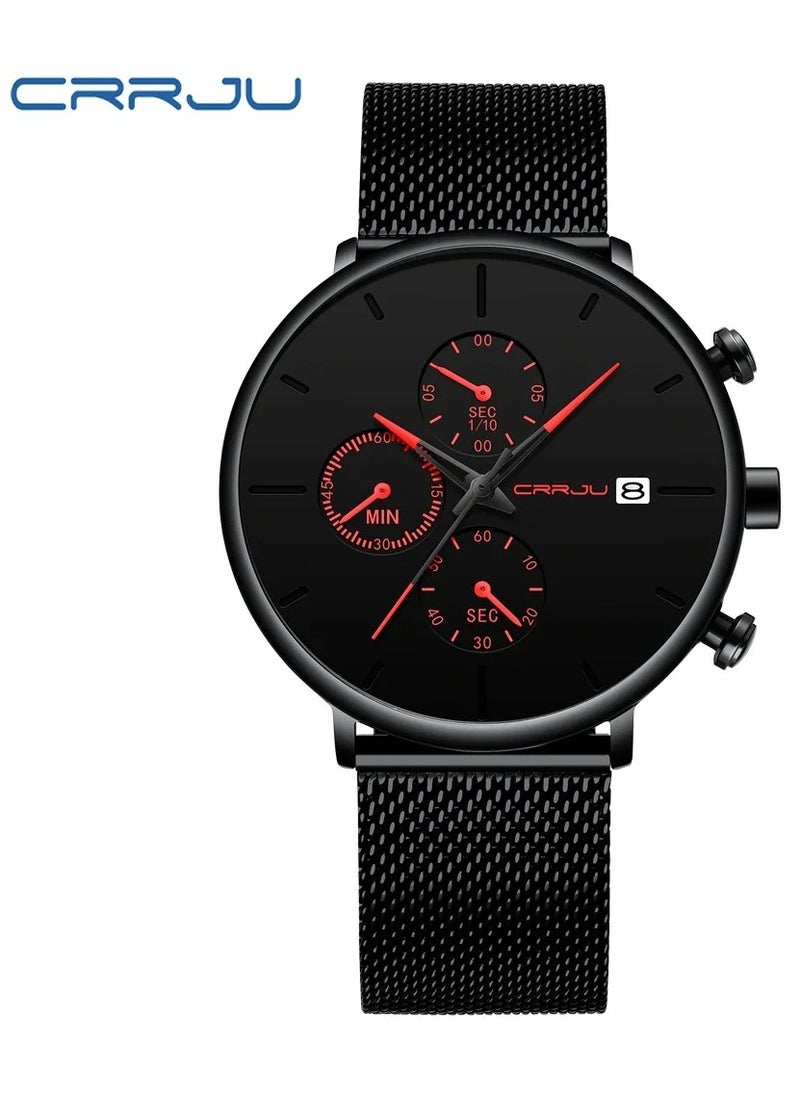 CRRJU CRRJU Men’s Chronograph Mesh Watch – Ultra-Sleek Black Dial with Red Accents, Waterproof, Date, Quartz Movement  - Image 1