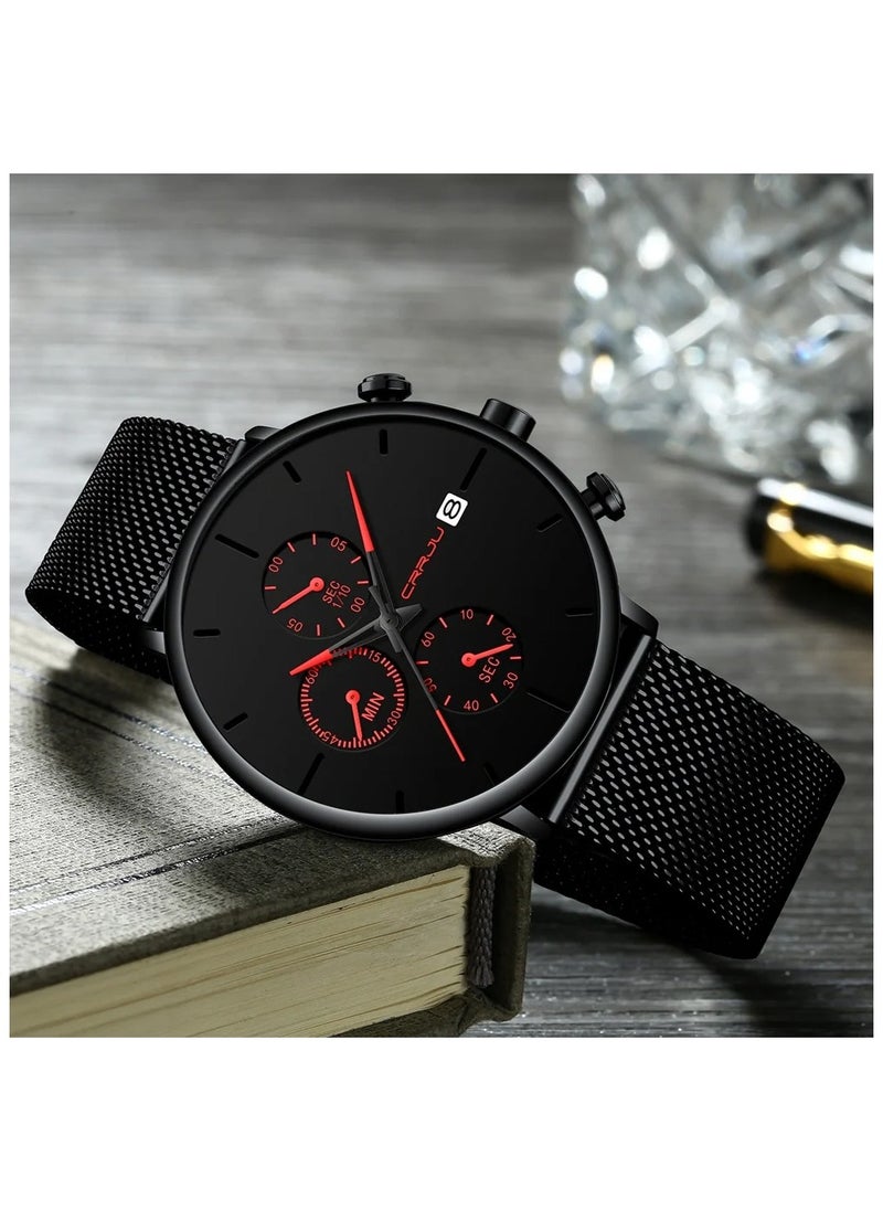 CRRJU CRRJU Men’s Chronograph Mesh Watch – Ultra-Sleek Black Dial with Red Accents, Waterproof, Date, Quartz Movement  - Image 5