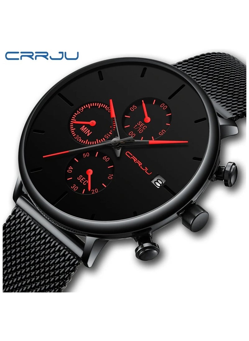CRRJU CRRJU Men’s Chronograph Mesh Watch – Ultra-Sleek Black Dial with Red Accents, Waterproof, Date, Quartz Movement  - Image 2