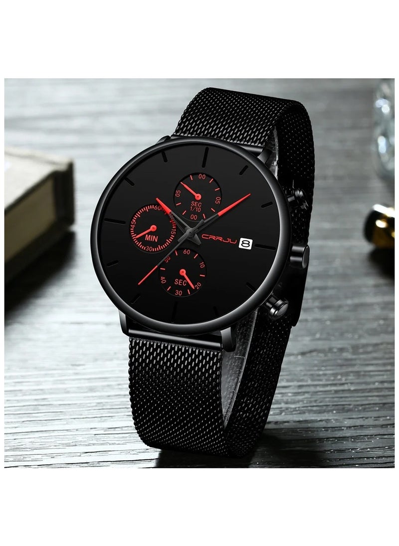 CRRJU CRRJU Men’s Chronograph Mesh Watch – Ultra-Sleek Black Dial with Red Accents, Waterproof, Date, Quartz Movement  - Image 4